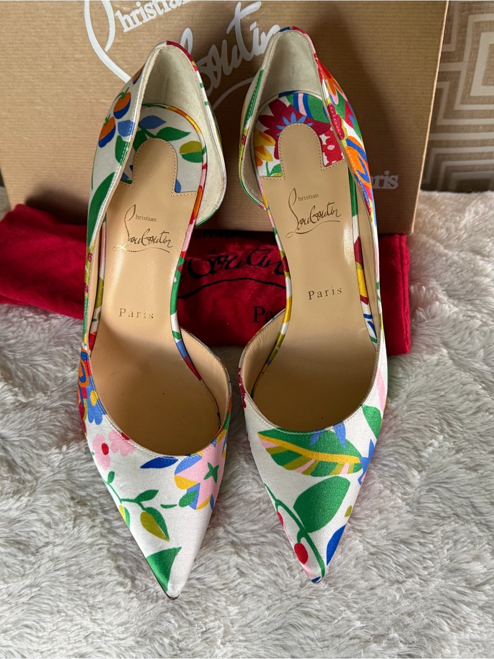 Christian Louboutin White Floral Pointed-Toe Pumps with Multicolor Print